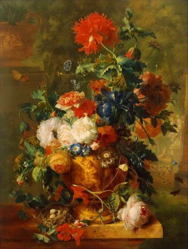フラワーズ Painting - 彫像のある花 ヤン・ファン・ホイスムの古典的な花